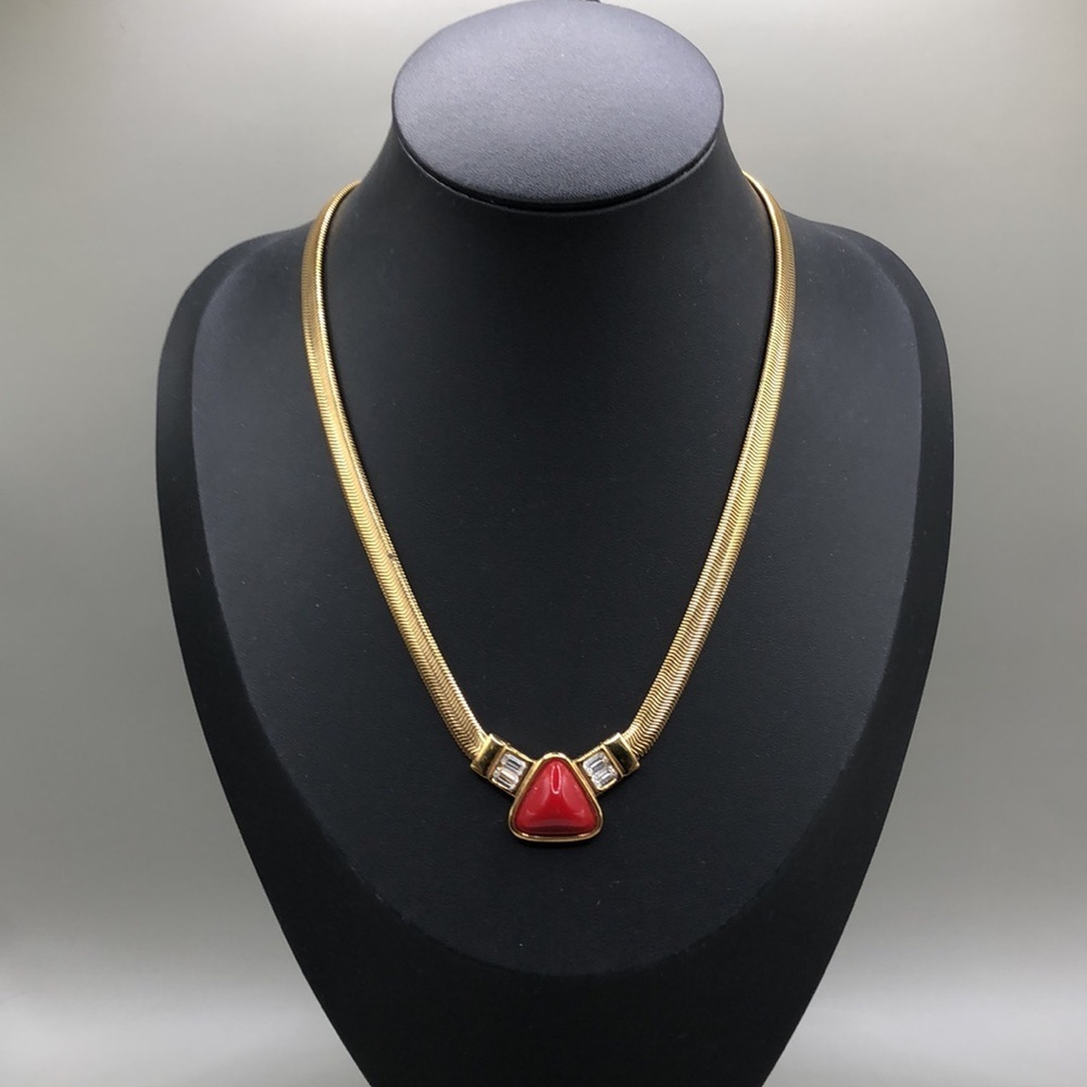 Vintage Givenchy gold snake chain necklace red faux stone costume dressy glam.